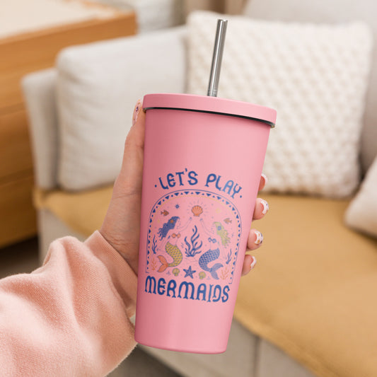 Let's Play Mermaids Insulated Tumbler 20 oz Mermaid Straw Cup by Spinsterly Co, pink with lid and straw