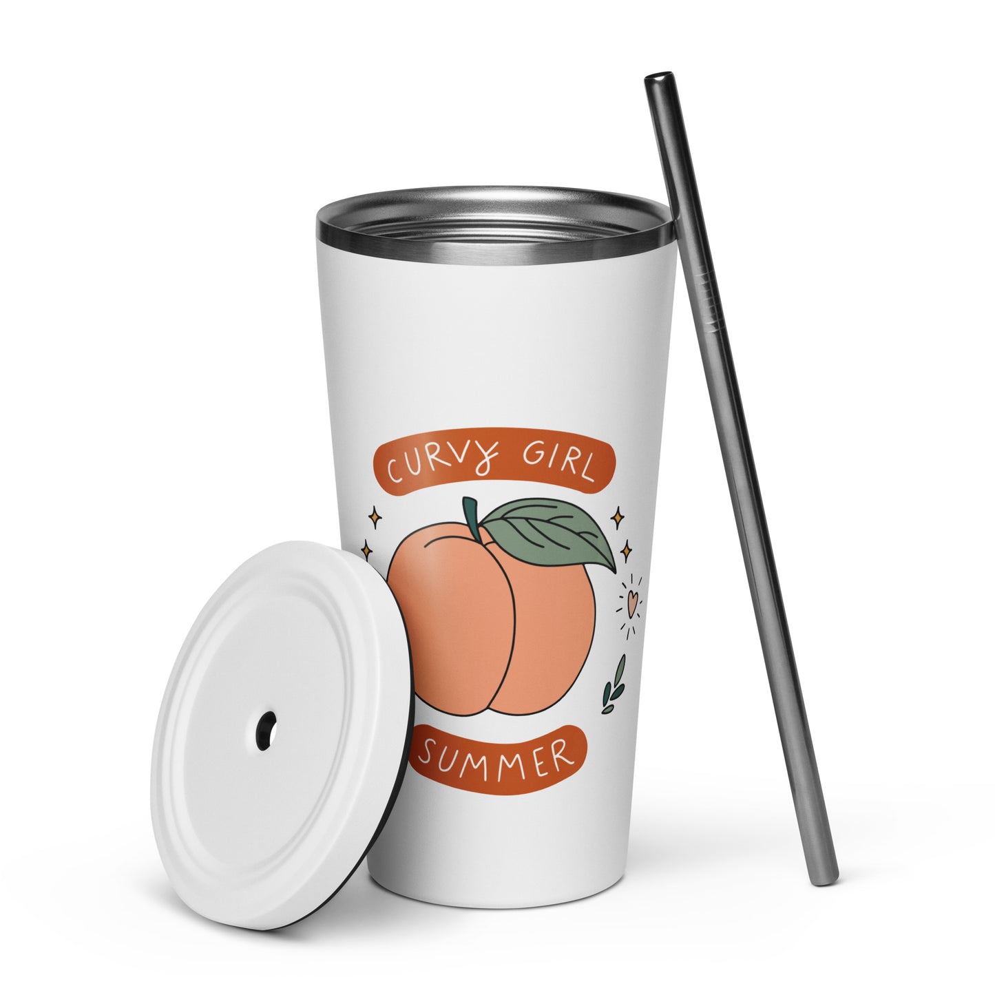 Summer Fun Insulated Tumbler with Straw 20 oz Stainless Steel Cup by Spinsterly Co, white with spill-resistant lid