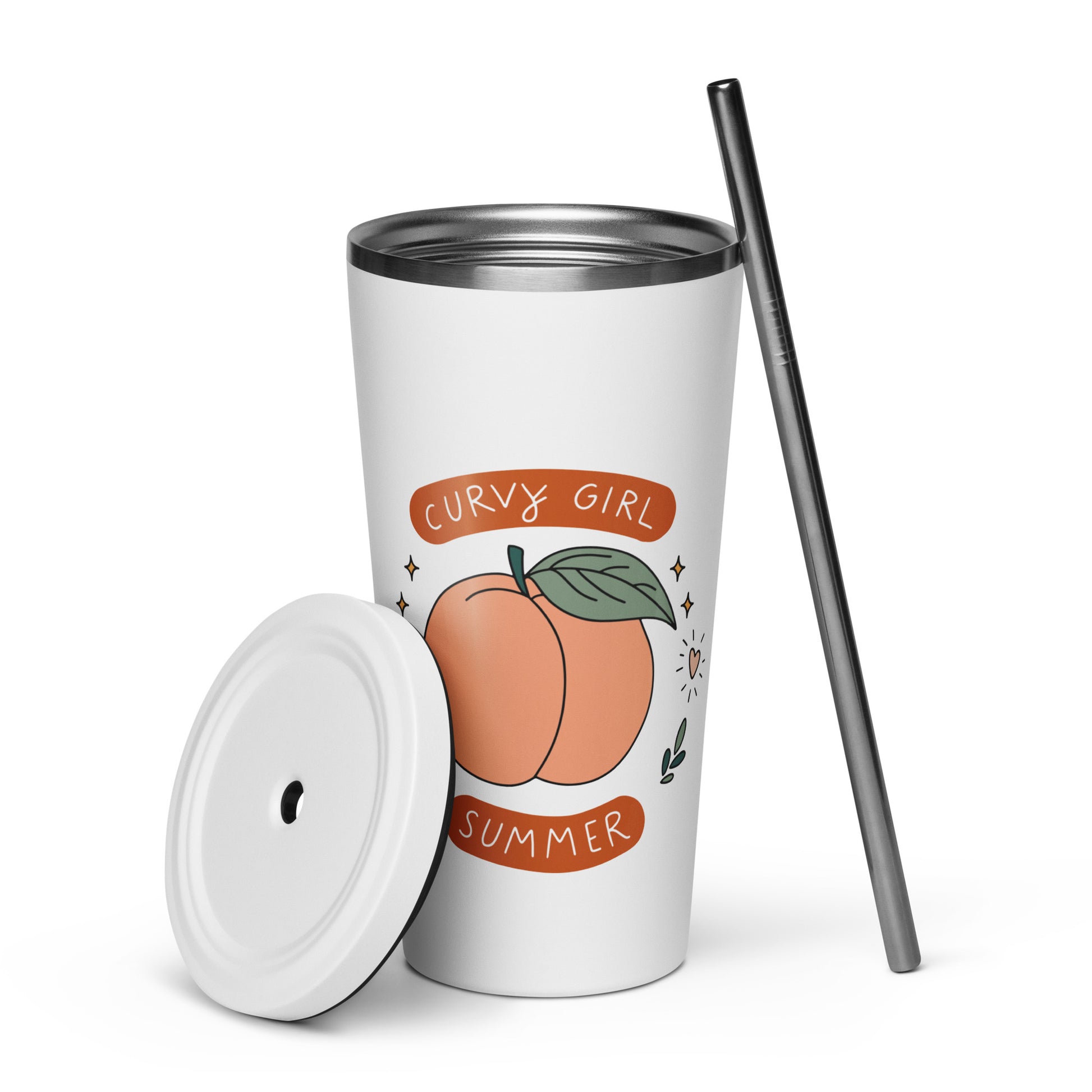 Summer Fun Insulated Tumbler with Straw 20 oz Stainless Steel Cup by Spinsterly Co, white with spill-resistant lid