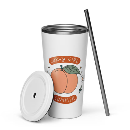 Summer Fun Insulated Tumbler with Straw 20 oz Stainless Steel Cup by Spinsterly Co, white with spill-resistant lid