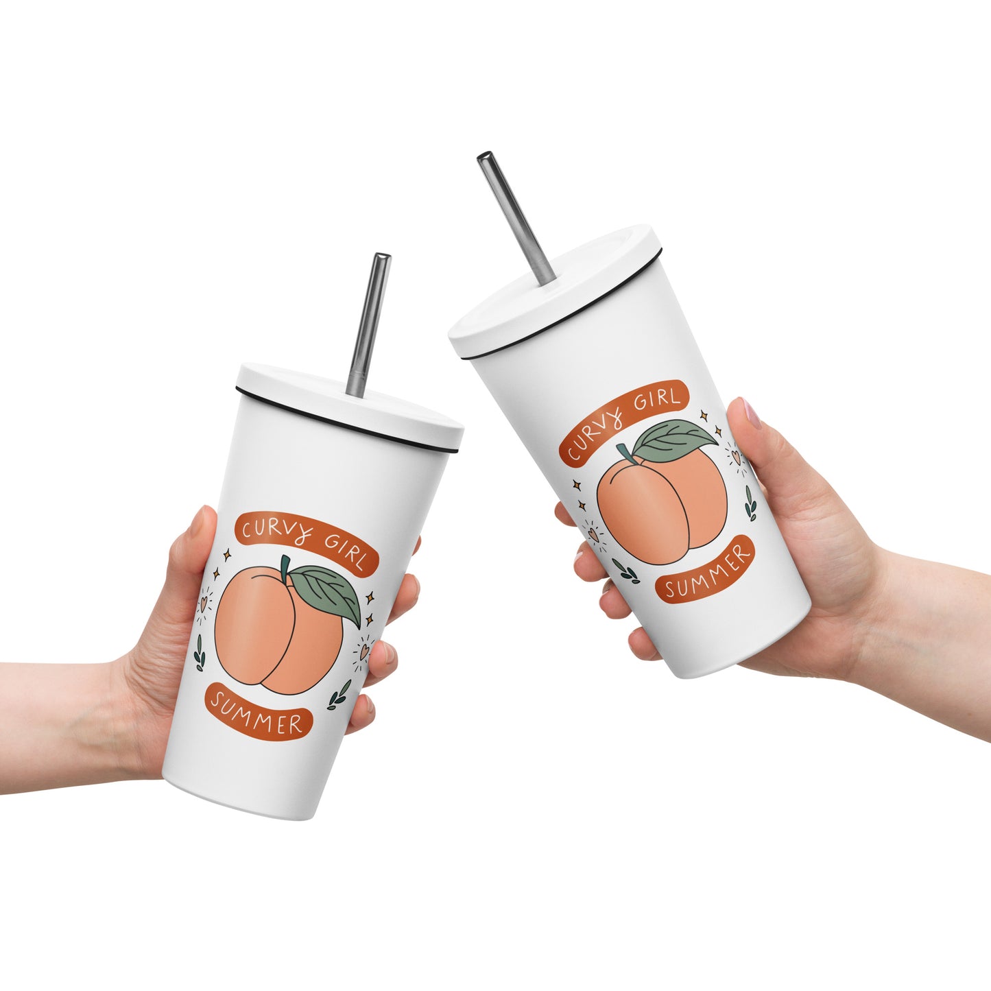 Summer Fun Insulated Tumbler with Straw 20 oz Stainless Steel Cup by Spinsterly Co in white with reusable straw