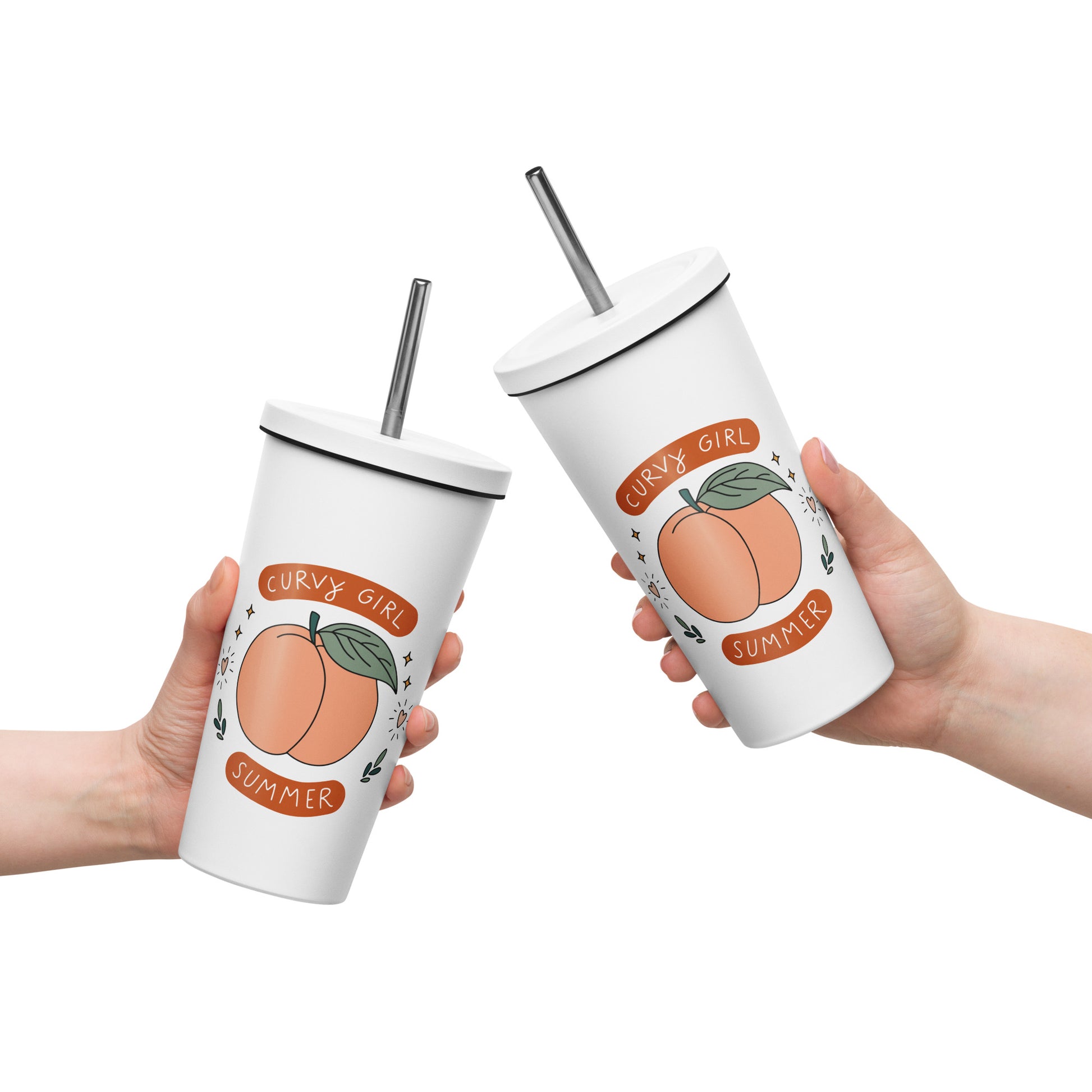 Summer Fun Insulated Tumbler with Straw 20 oz Stainless Steel Cup by Spinsterly Co in white with reusable straw