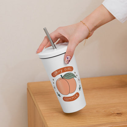 Summer Fun Insulated Tumbler with Straw 20 oz Stainless Steel Cup by Spinsterly Co in White with reusable straw