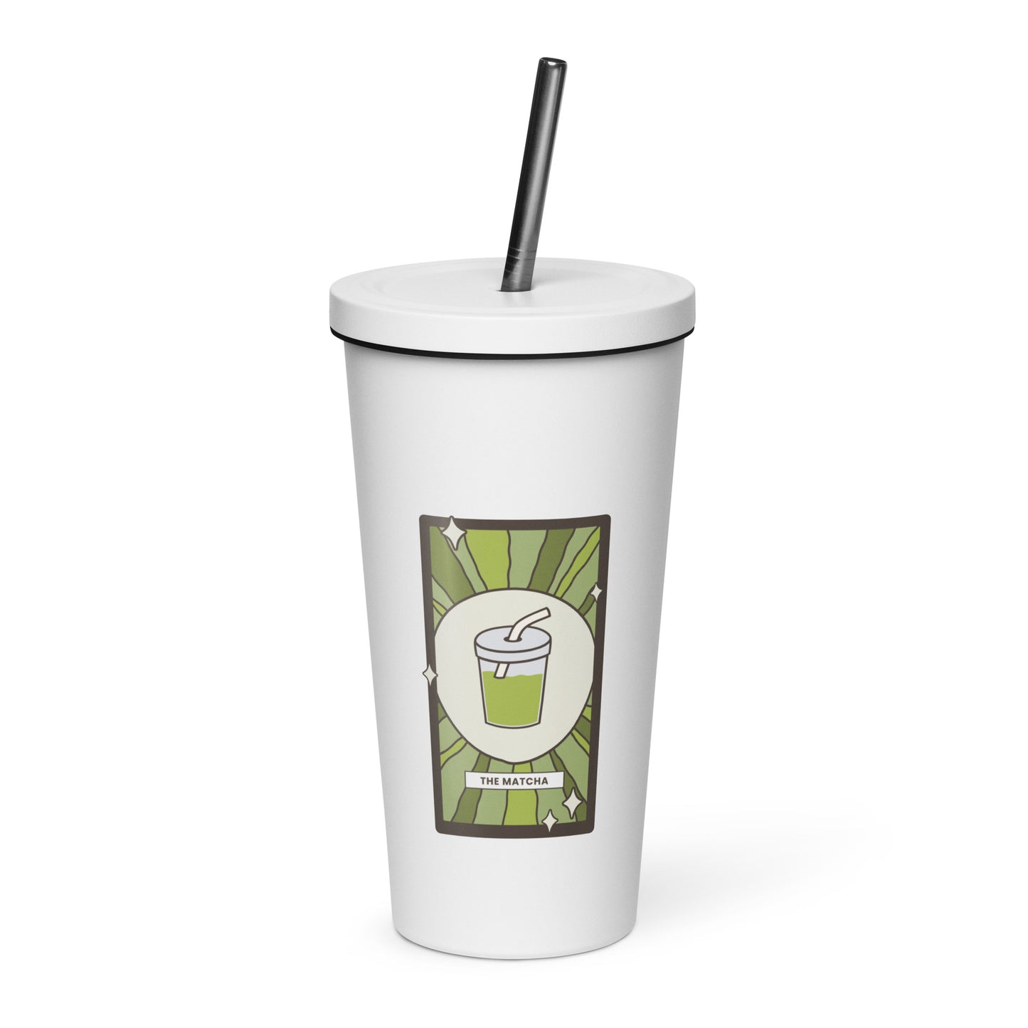 The Matcha Tarot Card Tumbler Spinsterly Co 20 oz insulated stainless steel tumbler in white with straw