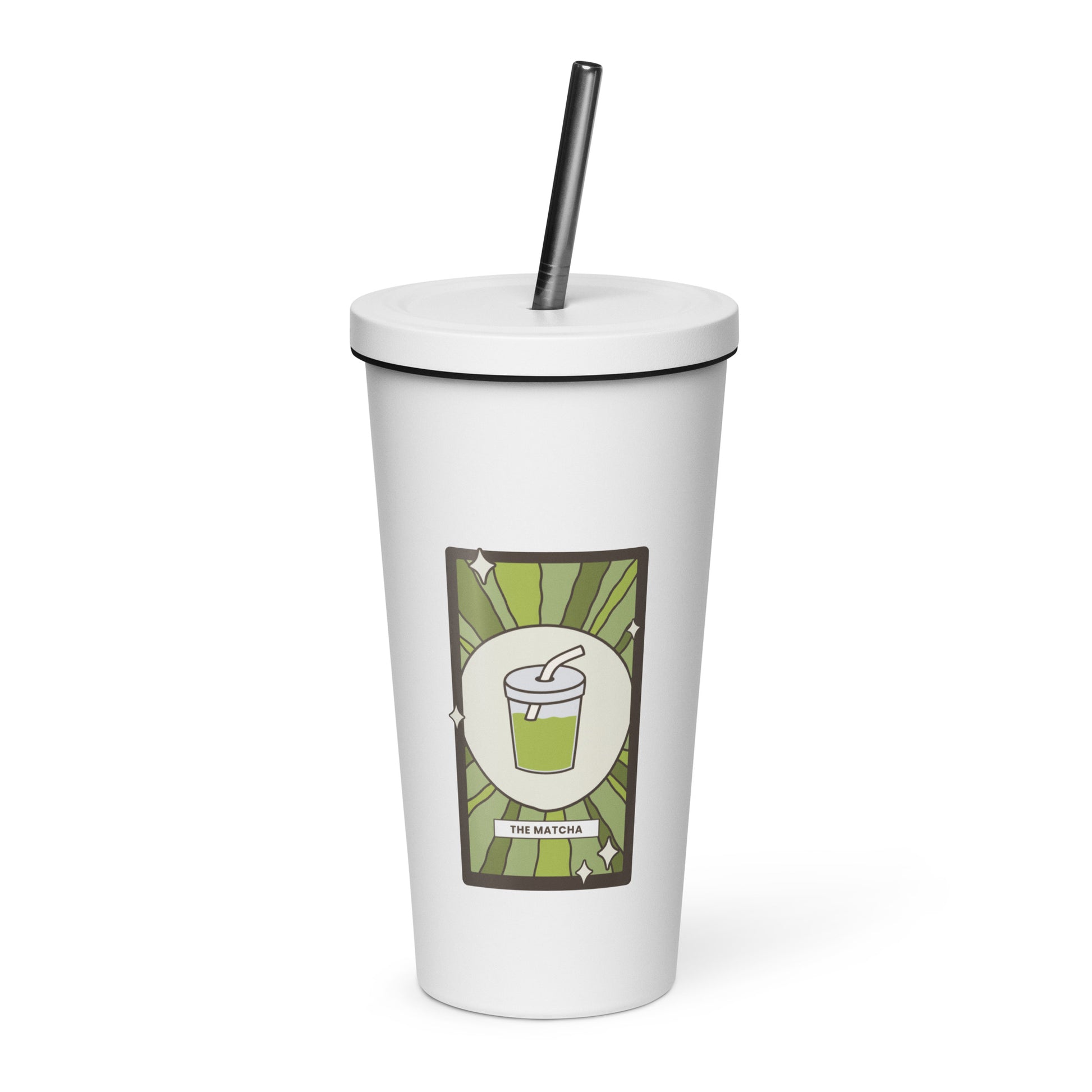 The Matcha Tarot Card Tumbler Spinsterly Co 20 oz insulated stainless steel tumbler in white with straw
