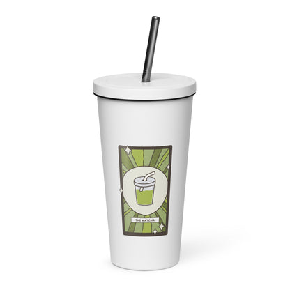 The Matcha Tarot Card Tumbler Spinsterly Co 20 oz insulated stainless steel tumbler in white with straw