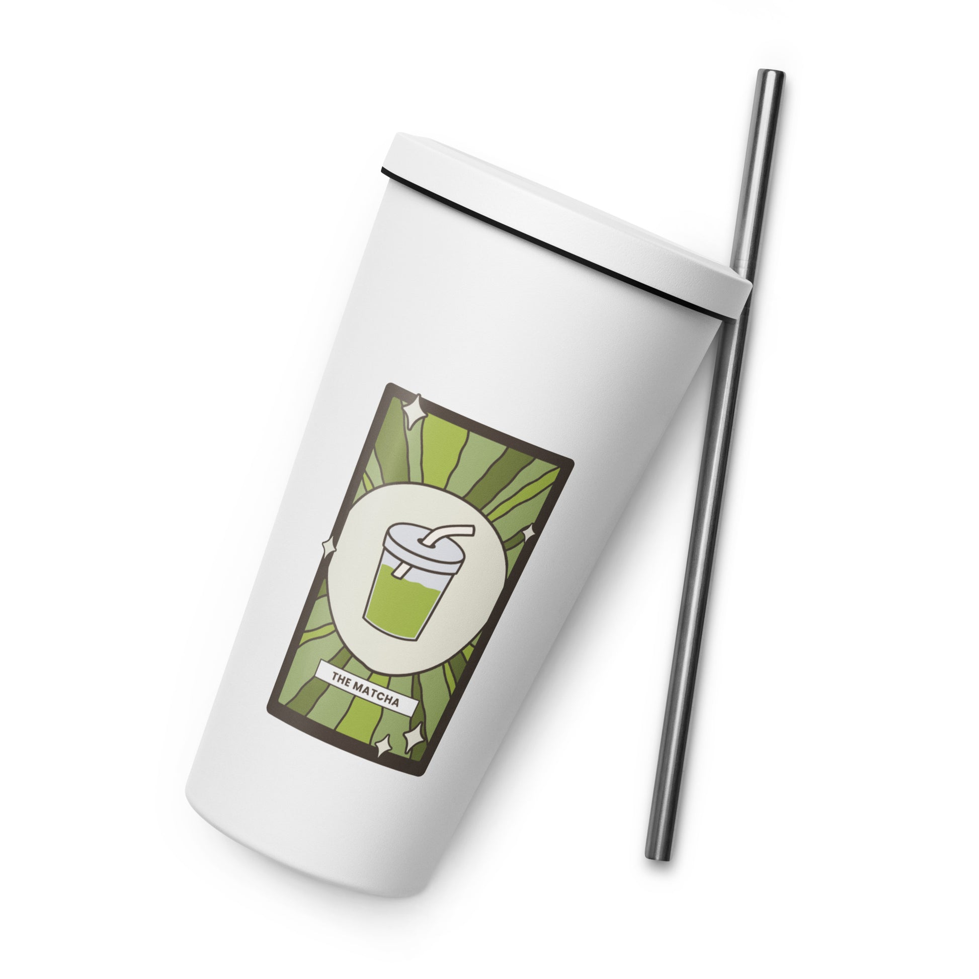 The Matcha Tarot Card Tumbler Spinsterly Co 20 oz insulated stainless steel tumbler white with straw