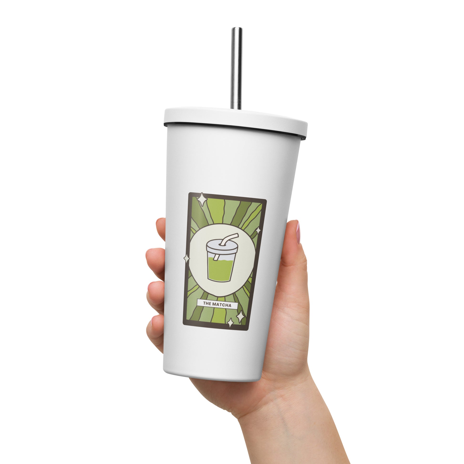 The Matcha Tarot Card Tumbler Spinsterly Co 20 oz insulated stainless steel tumbler with straw, white