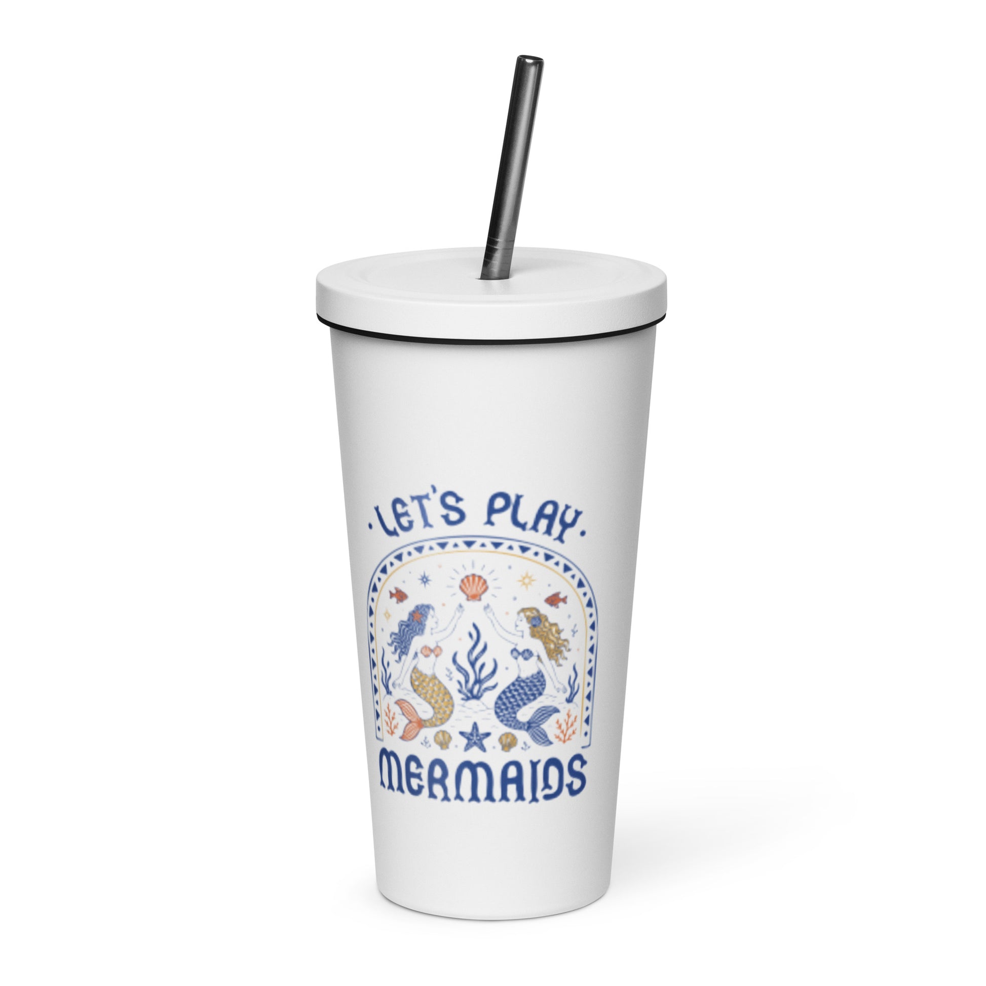Let's Play Mermaids Insulated Tumbler 20 oz Mermaid Straw Cup by Spinsterly Co, white with reusable straw