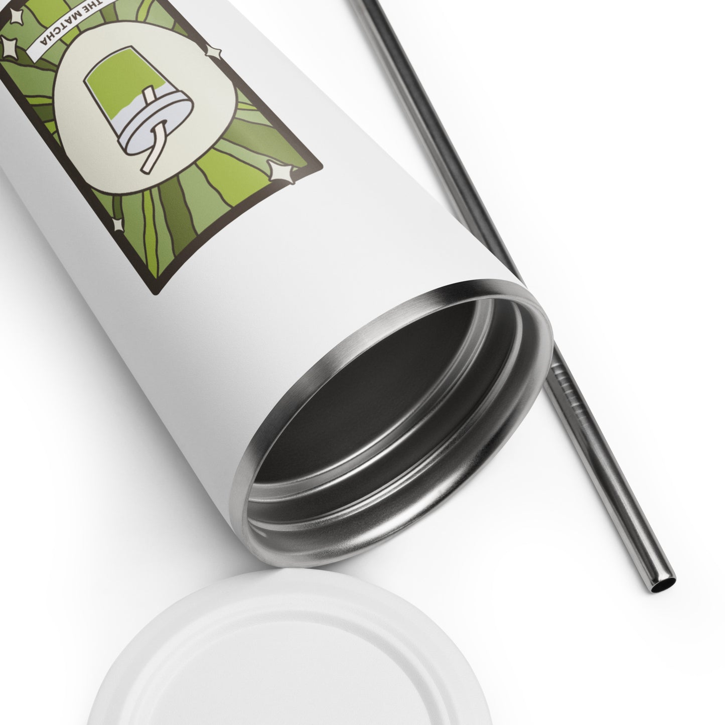 The Matcha Tarot Card Tumbler Spinsterly Co 20 oz insulated stainless steel tumbler in white with straw