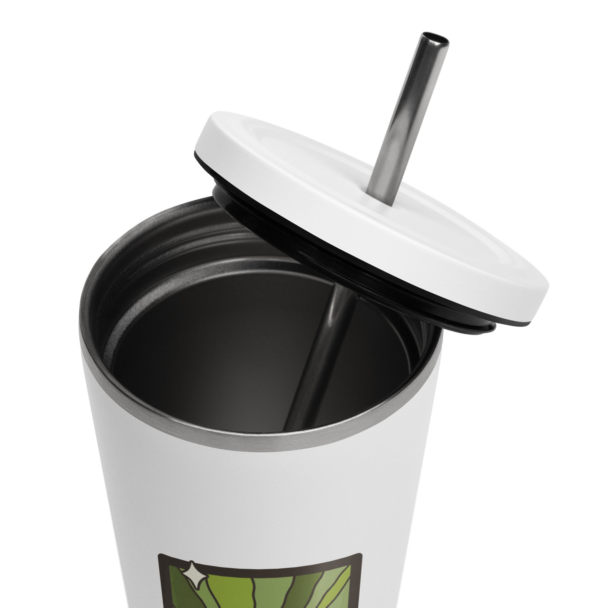 The Matcha Tarot Card Tumbler Spinsterly Co 20 oz insulated stainless steel tumbler in white with straw