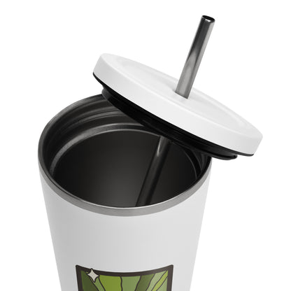 The Matcha Tarot Card Tumbler Spinsterly Co 20 oz insulated stainless steel tumbler in white with straw