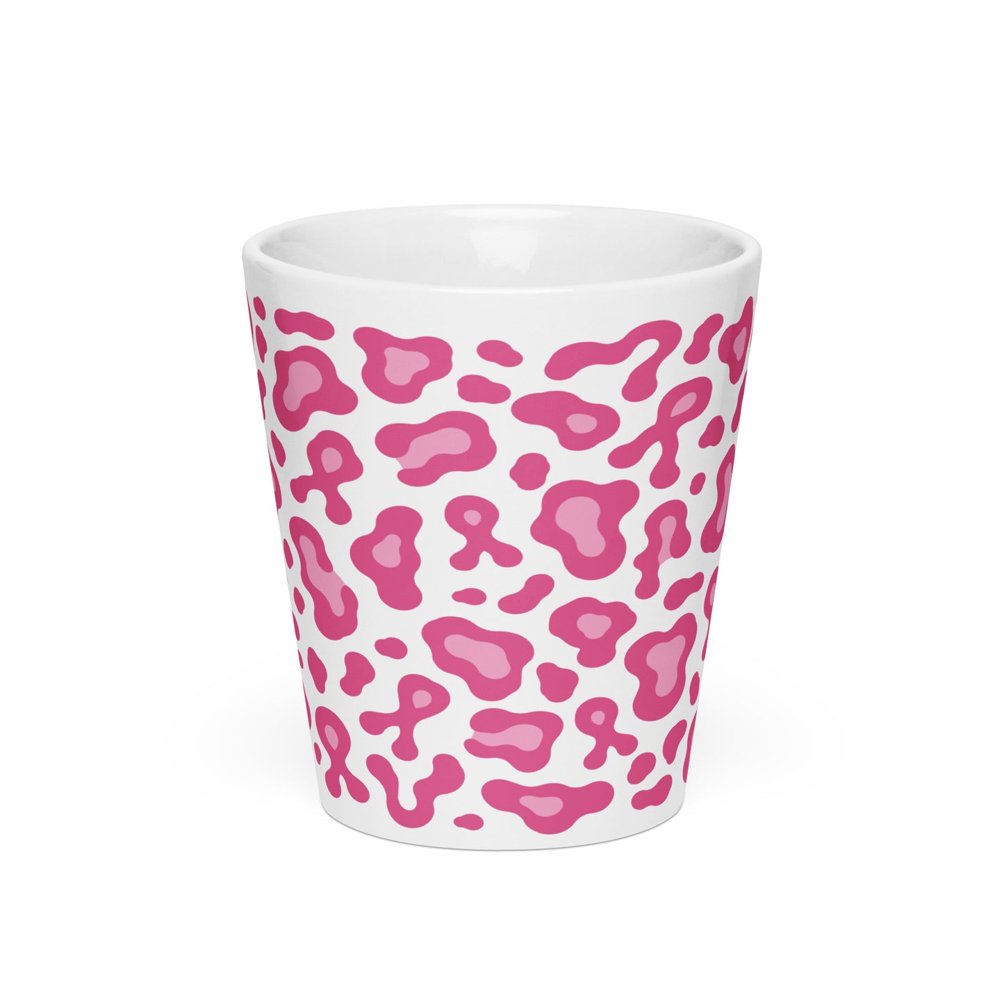 A white ceramic shot glass featuring a pink leopard print pattern, shown against a plain white background.
