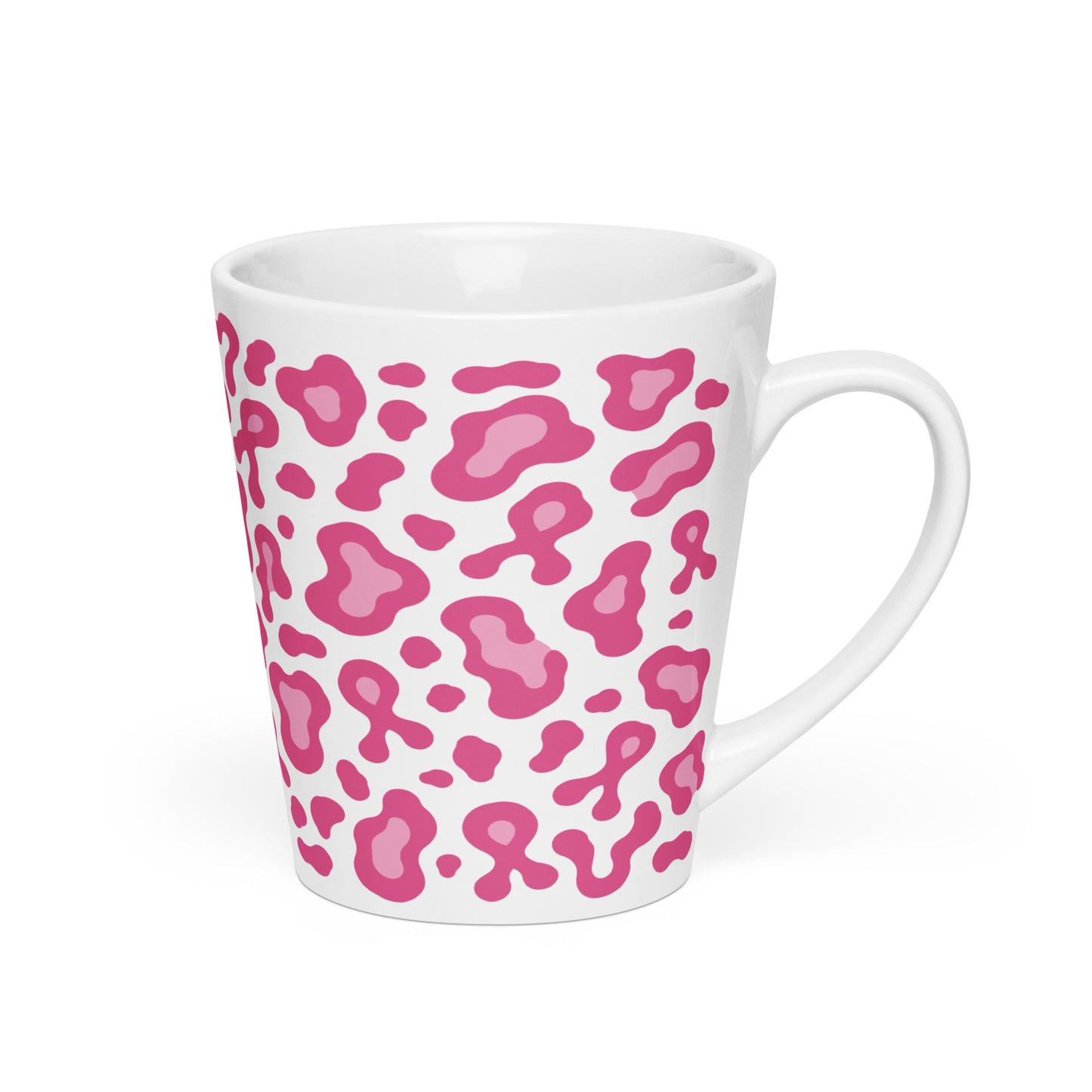 A white ceramic coffee mug with a pink leopard print pattern, shown on a clean white background.