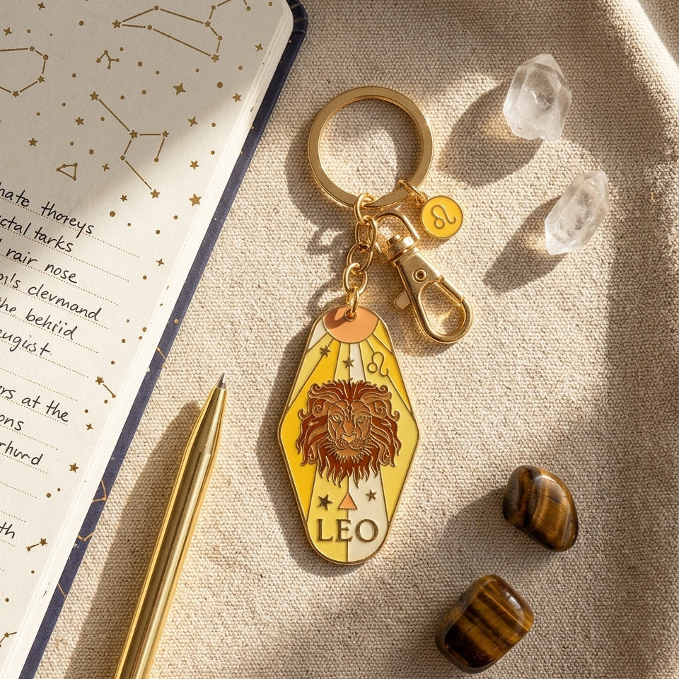 A gold-tone metal keychain with a yellow and gold enamel pendant featuring a lion design and the word 'LEO', displayed on a beige fabric surface with an open notebook, pen, crystals, and tiger's eye stones.