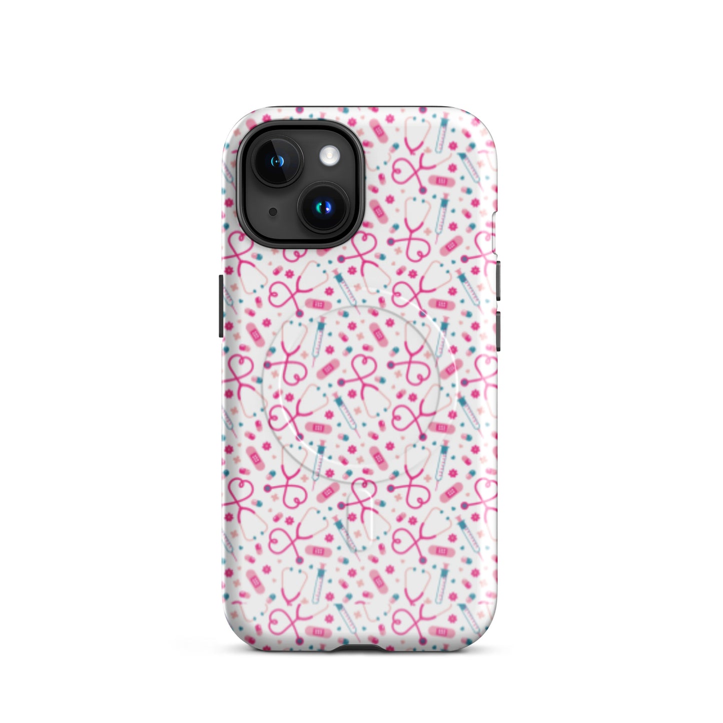 Kawaii Nurse MagSafe Tough iPhone Case by Spinsterly Co in Glossy finish with dual-layer protection and stethoscope pattern