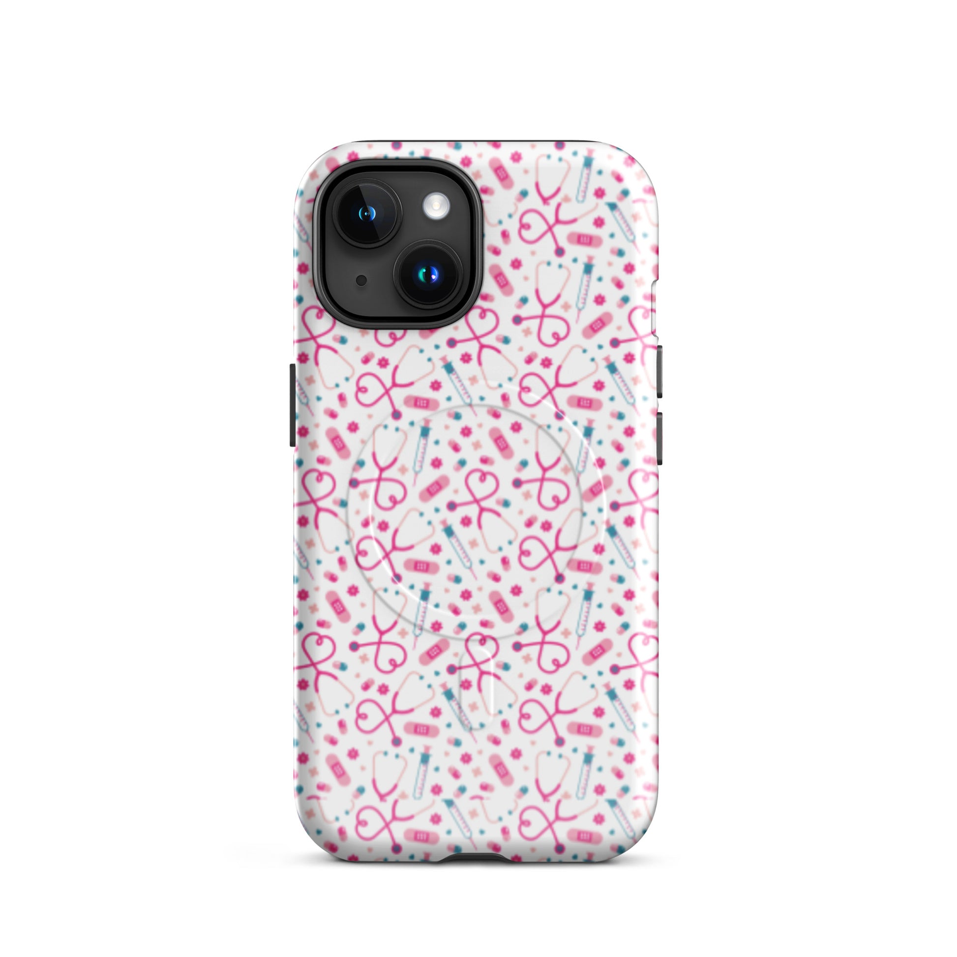 Kawaii Nurse MagSafe Tough iPhone Case by Spinsterly Co in Glossy finish with dual-layer protection and stethoscope pattern