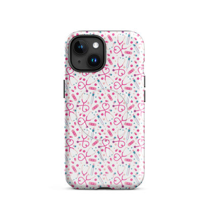 Kawaii Nurse MagSafe Tough iPhone Case by Spinsterly Co in Glossy finish with dual-layer protection and stethoscope pattern