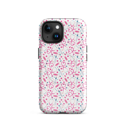 Kawaii Nurse MagSafe Tough iPhone Case by Spinsterly Co in Glossy finish with dual-layer protection and stethoscope pattern