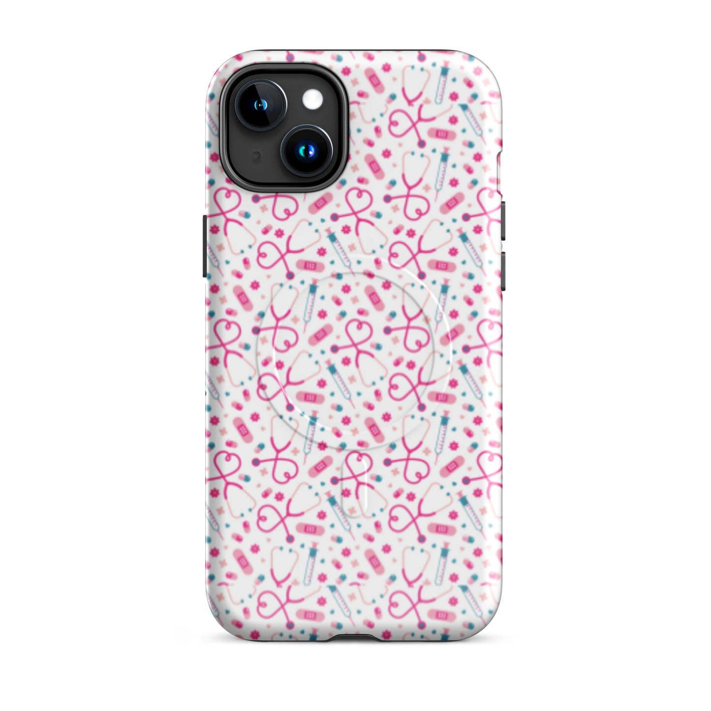 Kawaii Nurse MagSafe Tough iPhone Case by Spinsterly Co in Glossy finish with stethoscope pattern