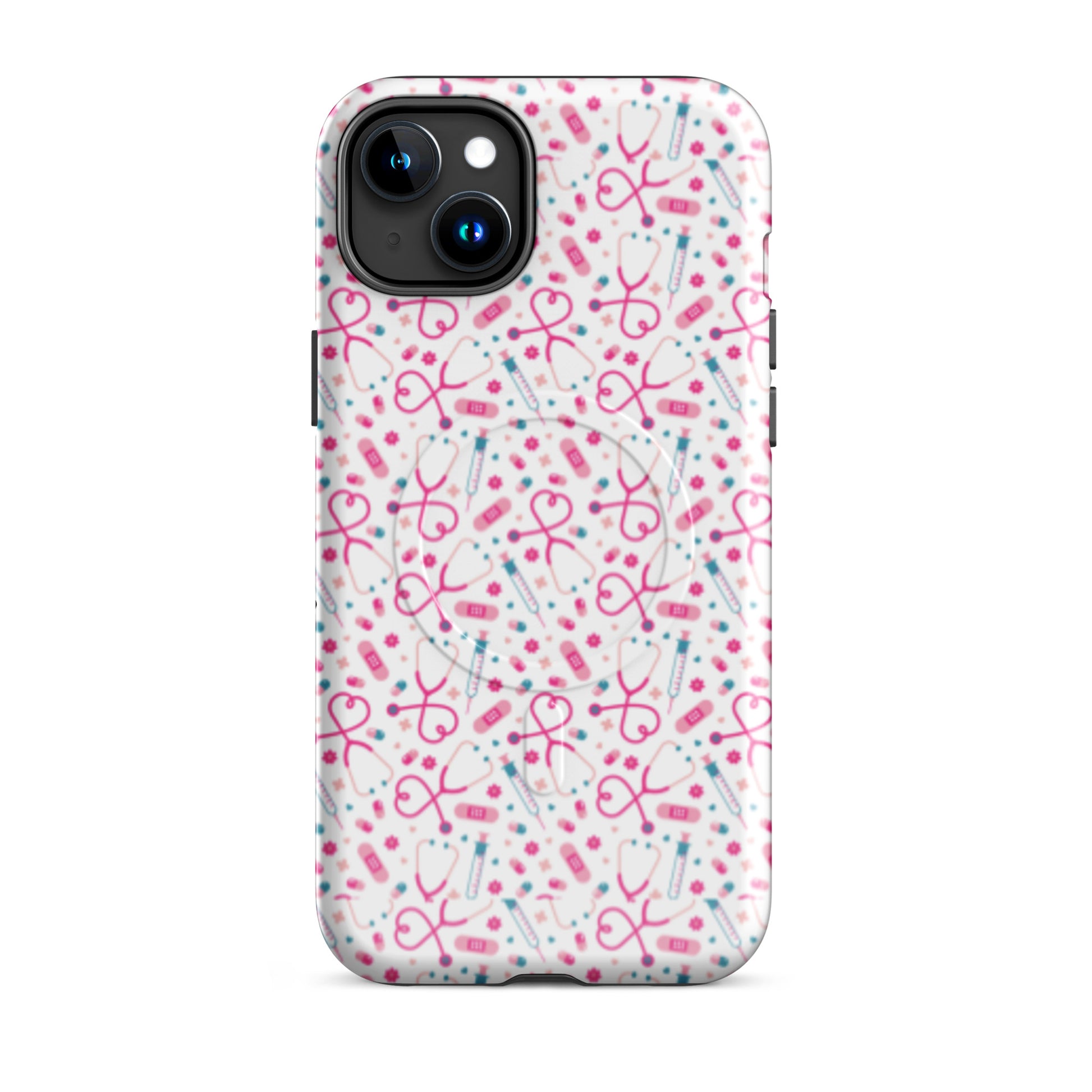 Kawaii Nurse MagSafe Tough iPhone Case by Spinsterly Co in Glossy finish with stethoscope pattern