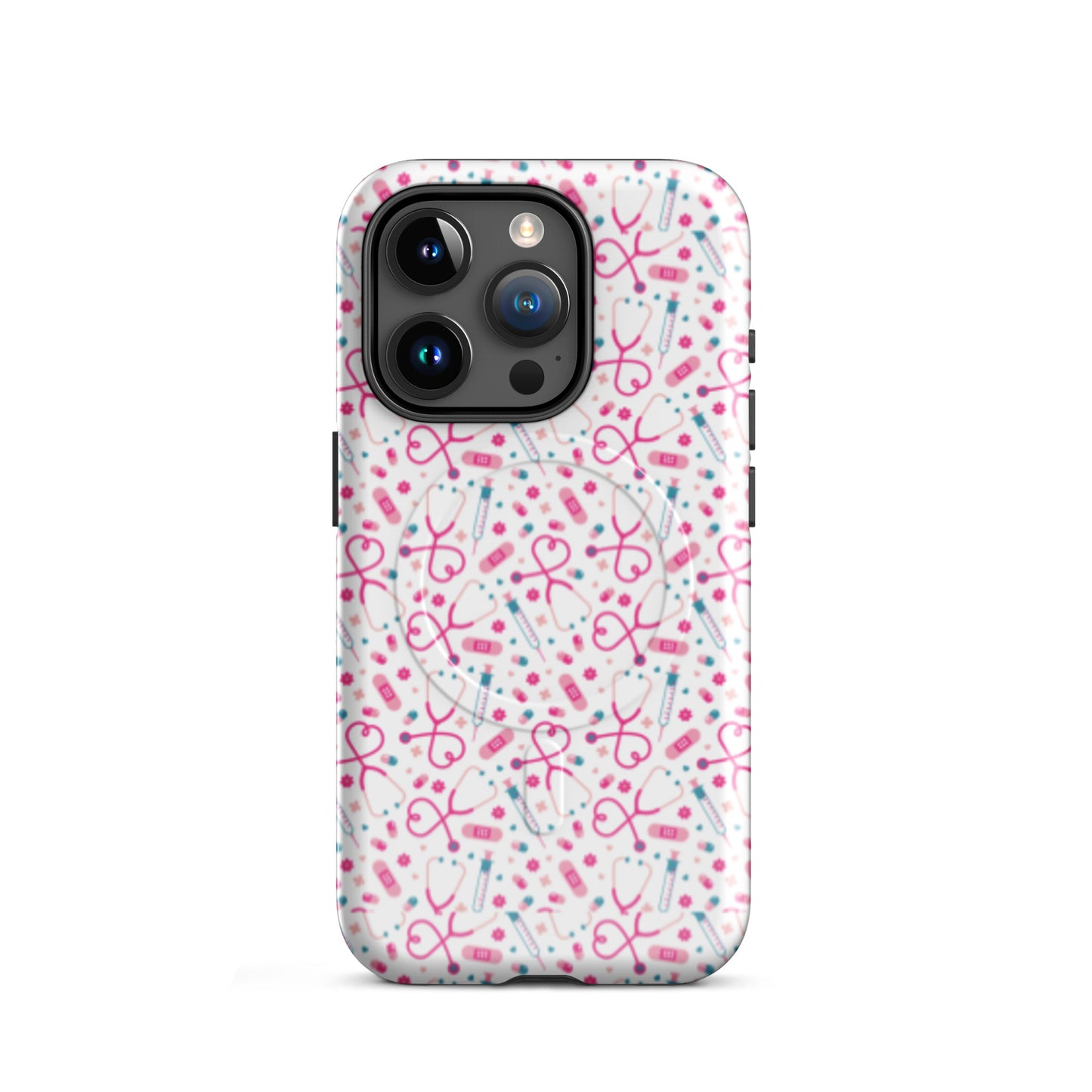 Kawaii Nurse MagSafe Tough iPhone Case by Spinsterly Co, glossy white medical pattern with dual-layer protection