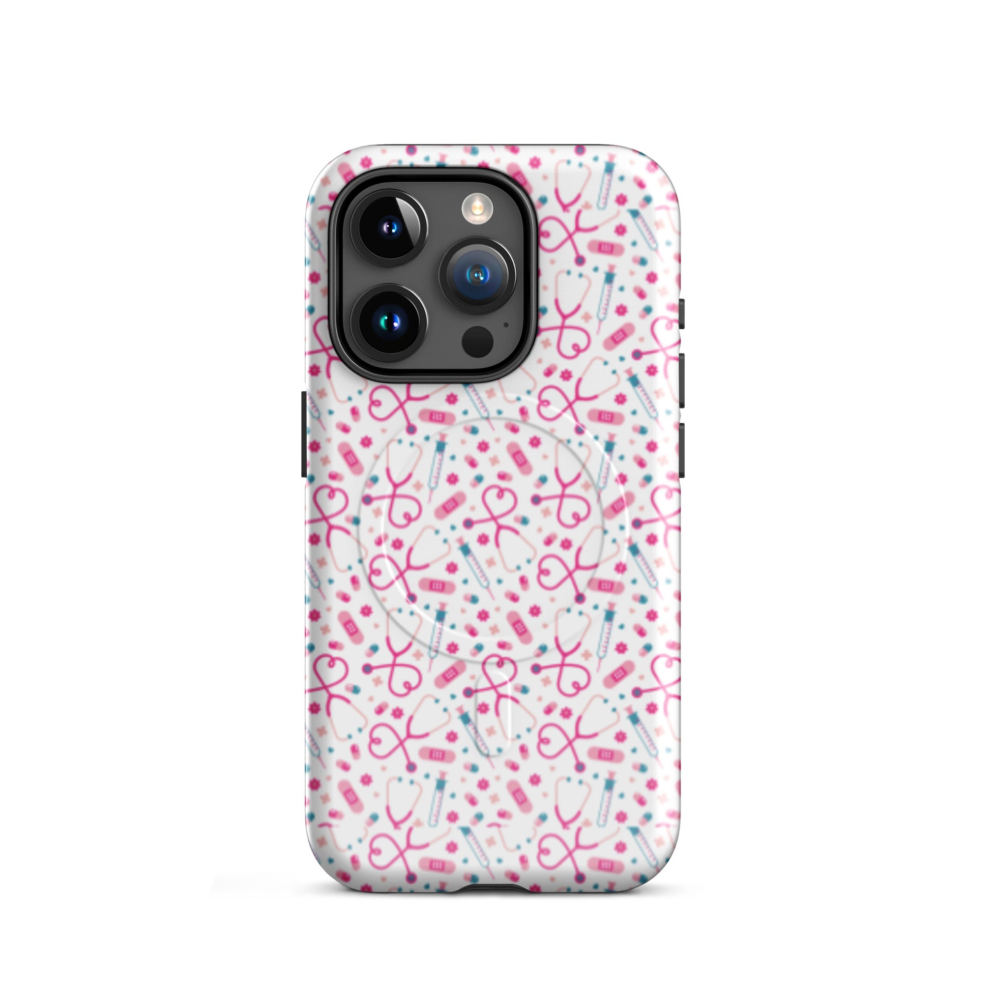 Kawaii Nurse MagSafe Tough iPhone Case by Spinsterly Co, glossy white medical pattern with dual-layer protection