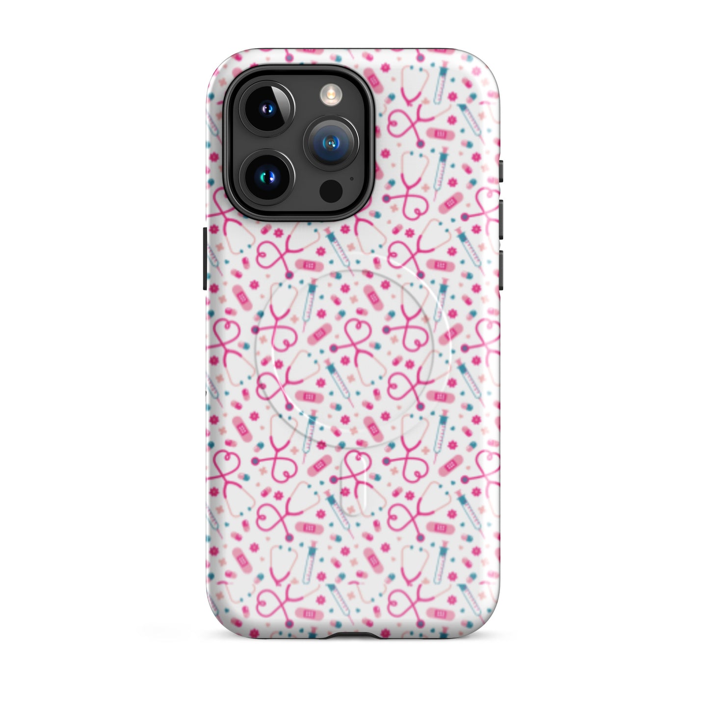 Kawaii Nurse MagSafe Tough iPhone Case by Spinsterly Co in Glossy finish with stethoscope pattern