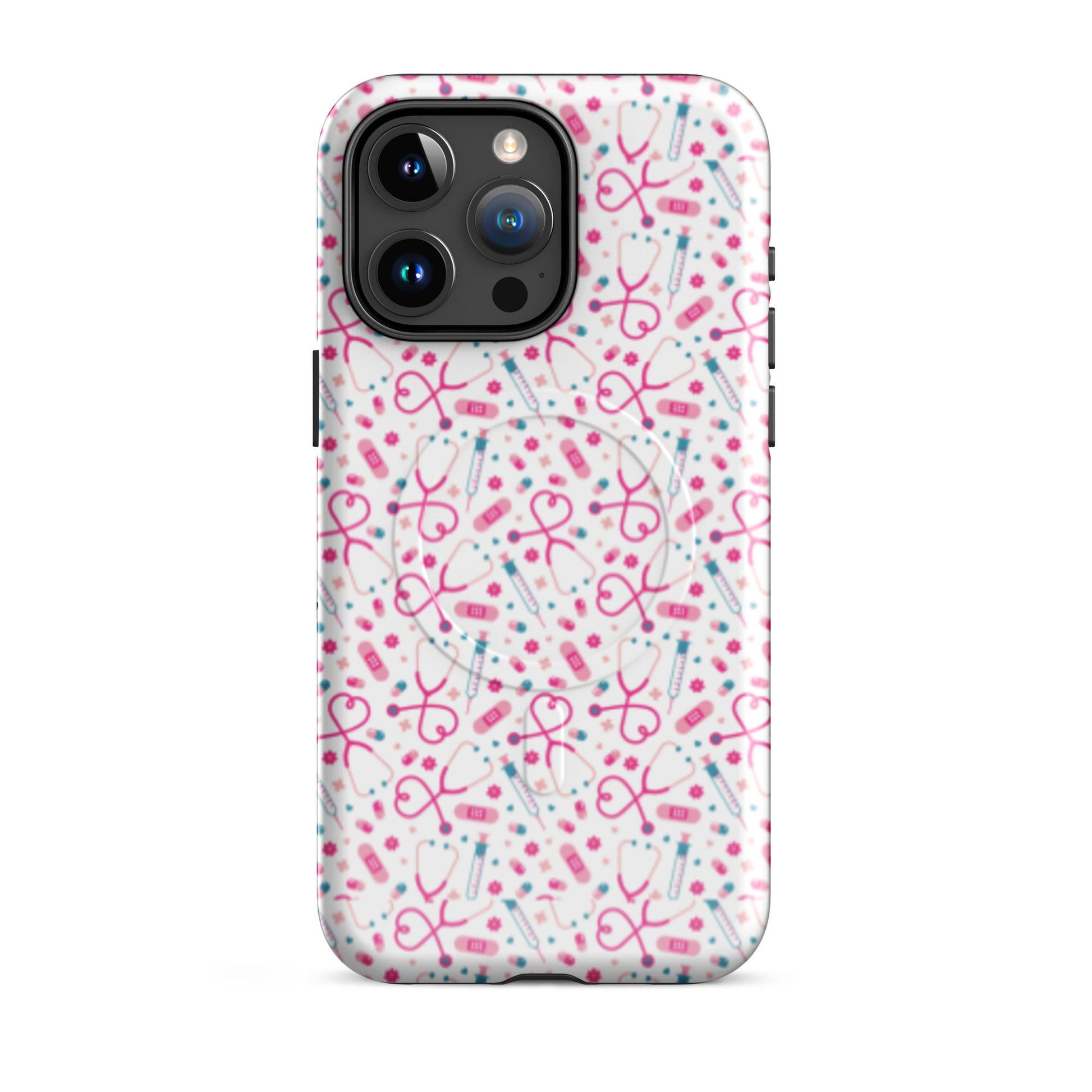 Kawaii Nurse MagSafe Tough iPhone Case by Spinsterly Co in Glossy finish with stethoscope pattern