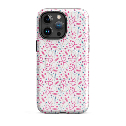 Kawaii Nurse MagSafe Tough iPhone Case by Spinsterly Co in Glossy finish with stethoscope pattern