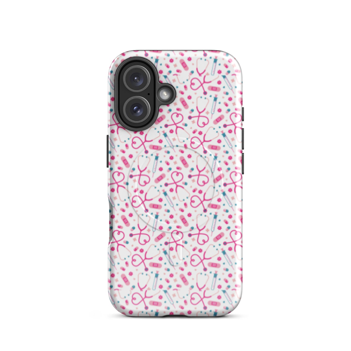 Kawaii Nurse MagSafe Tough iPhone Case by Spinsterly Co glossy white with dual-layer protection and medical pattern
