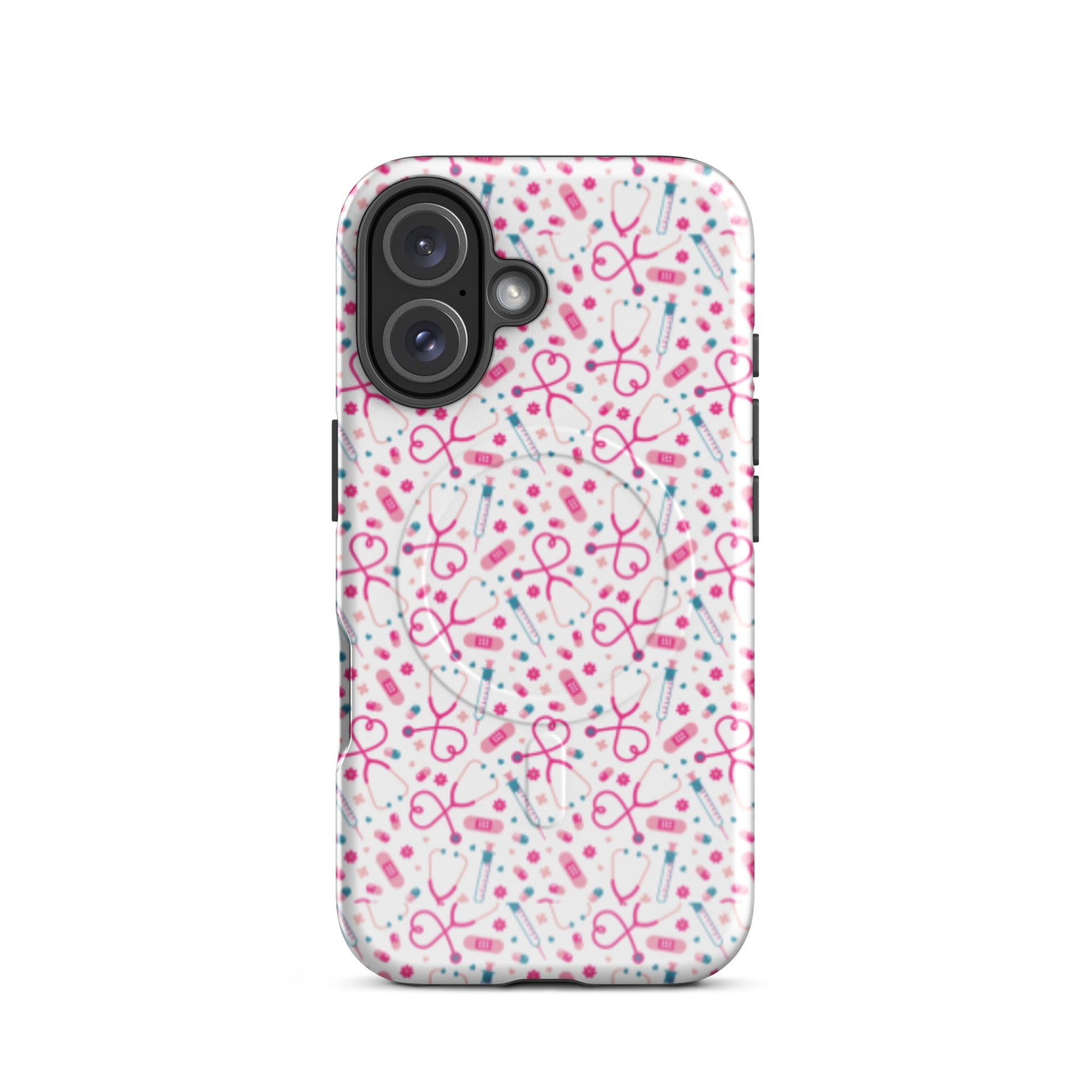 Kawaii Nurse MagSafe Tough iPhone Case by Spinsterly Co glossy white with dual-layer protection and medical pattern
