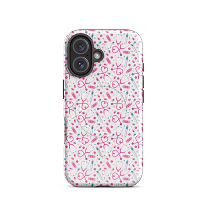 Kawaii Nurse MagSafe Tough iPhone Case by Spinsterly Co glossy white with dual-layer protection and medical pattern