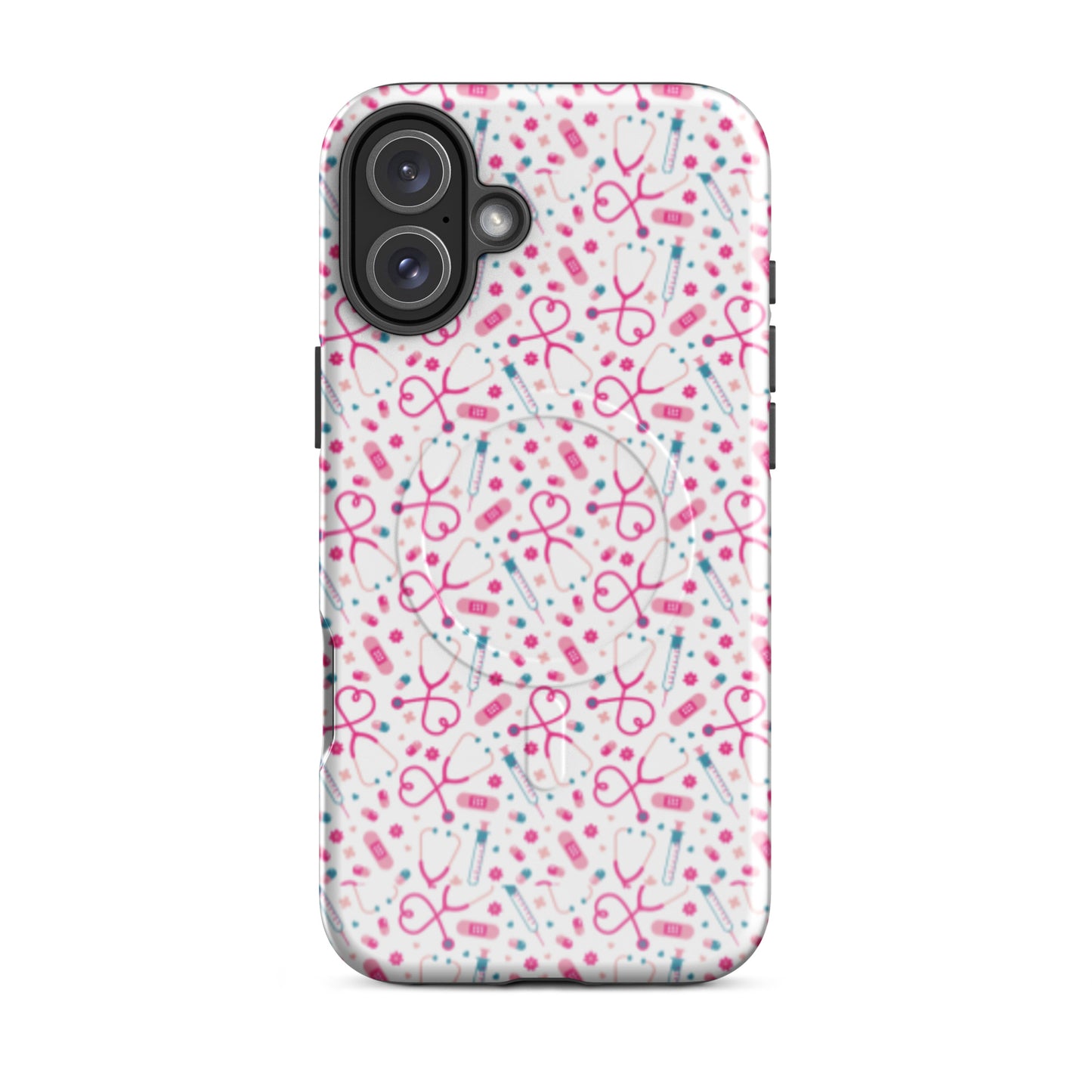 Kawaii Nurse MagSafe Tough iPhone Case by Spinsterly Co, glossy white with stethoscope pattern and MagSafe tough dual-layer