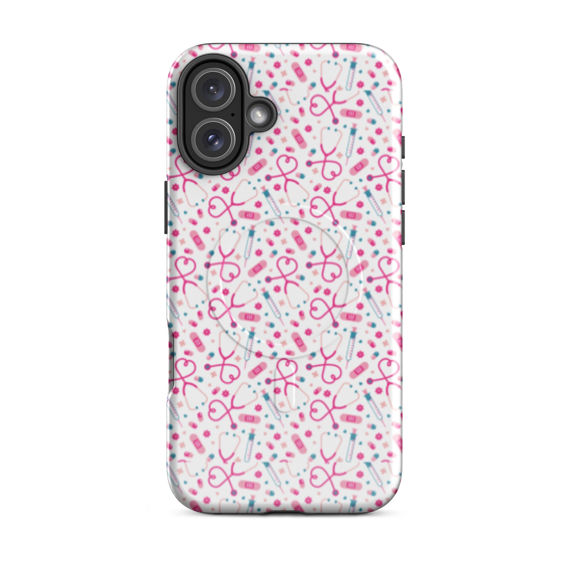 Kawaii Nurse MagSafe Tough iPhone Case by Spinsterly Co, glossy white with stethoscope pattern and MagSafe tough dual-layer