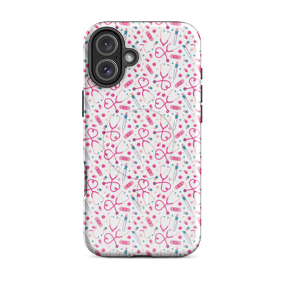 Kawaii Nurse MagSafe Tough iPhone Case by Spinsterly Co, glossy white with stethoscope pattern and MagSafe tough dual-layer