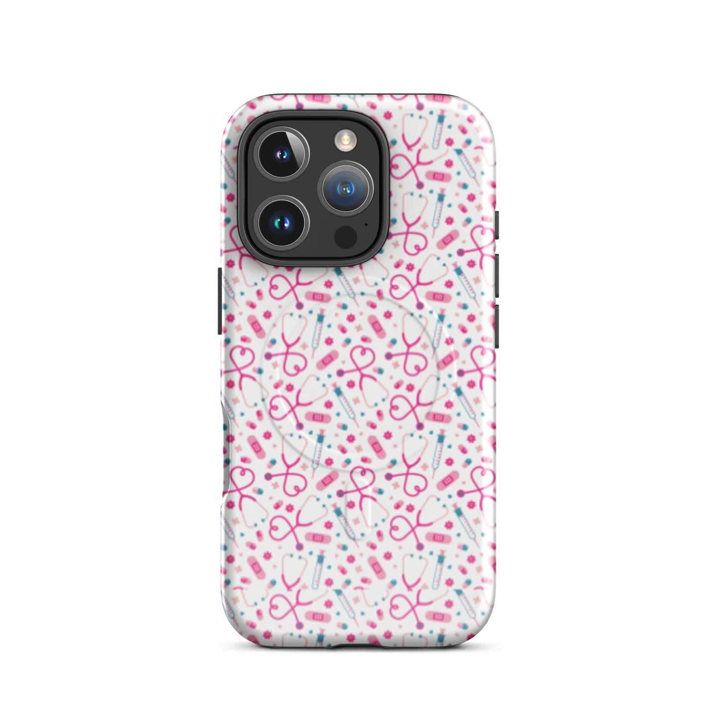 Kawaii Nurse MagSafe Tough iPhone Case by Spinsterly Co glossy white with medical stethoscope pattern