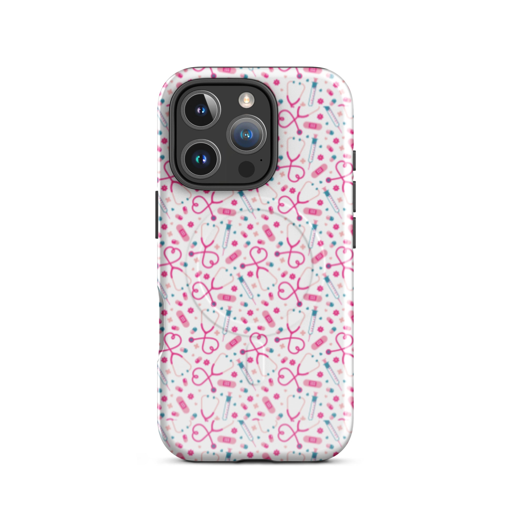 Kawaii Nurse MagSafe Tough iPhone Case by Spinsterly Co glossy white with medical stethoscope pattern