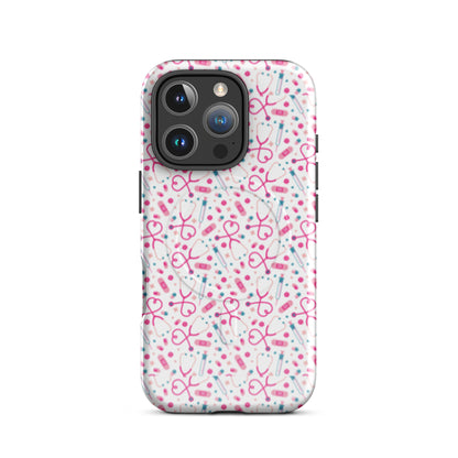 Kawaii Nurse MagSafe Tough iPhone Case by Spinsterly Co glossy white with medical stethoscope pattern