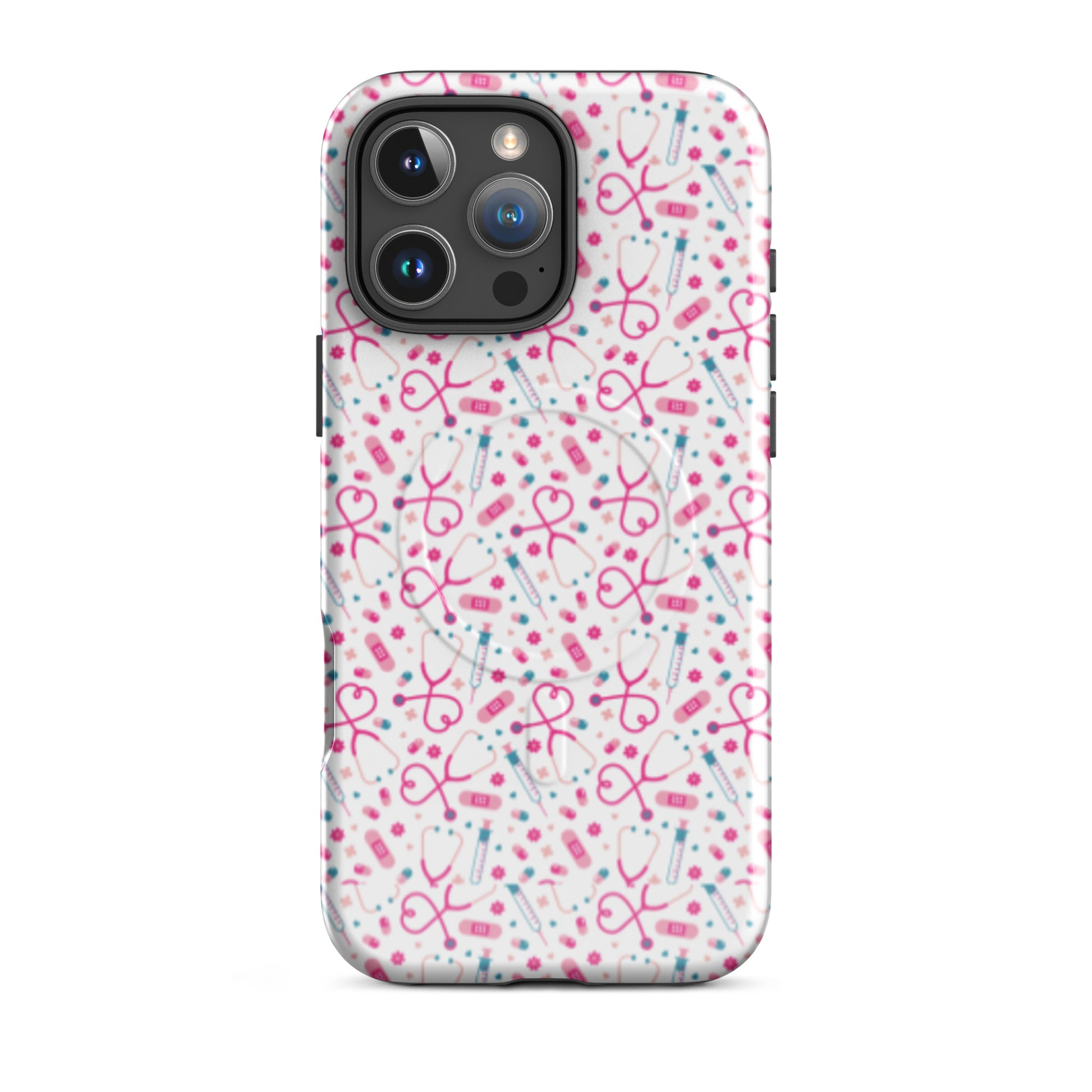 Kawaii Nurse MagSafe Tough iPhone Case by Spinsterly Co in glossy white with dual-layer protection