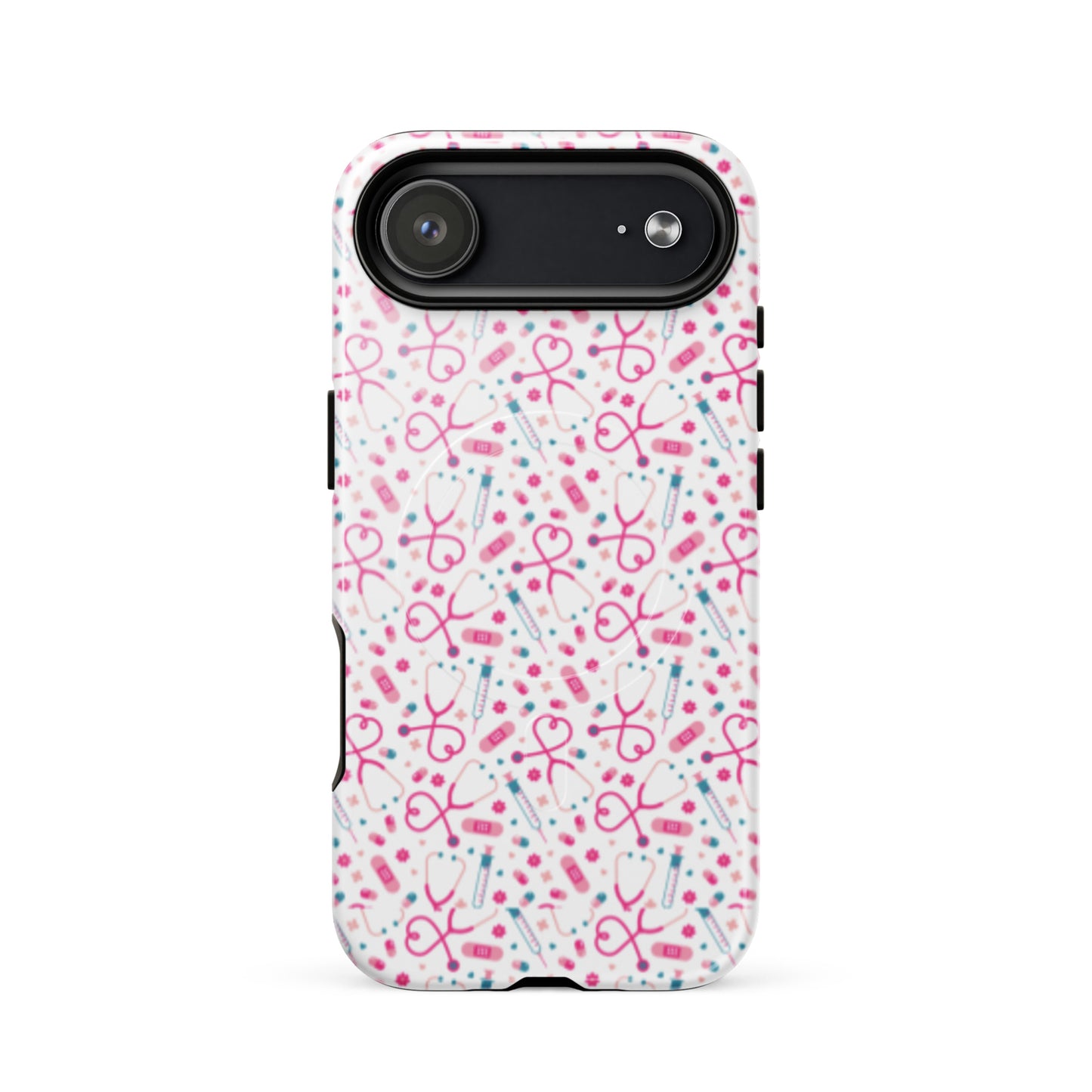 Kawaii Nurse MagSafe Tough iPhone Case by Spinsterly Co, glossy white medical pattern with dual-layer protection