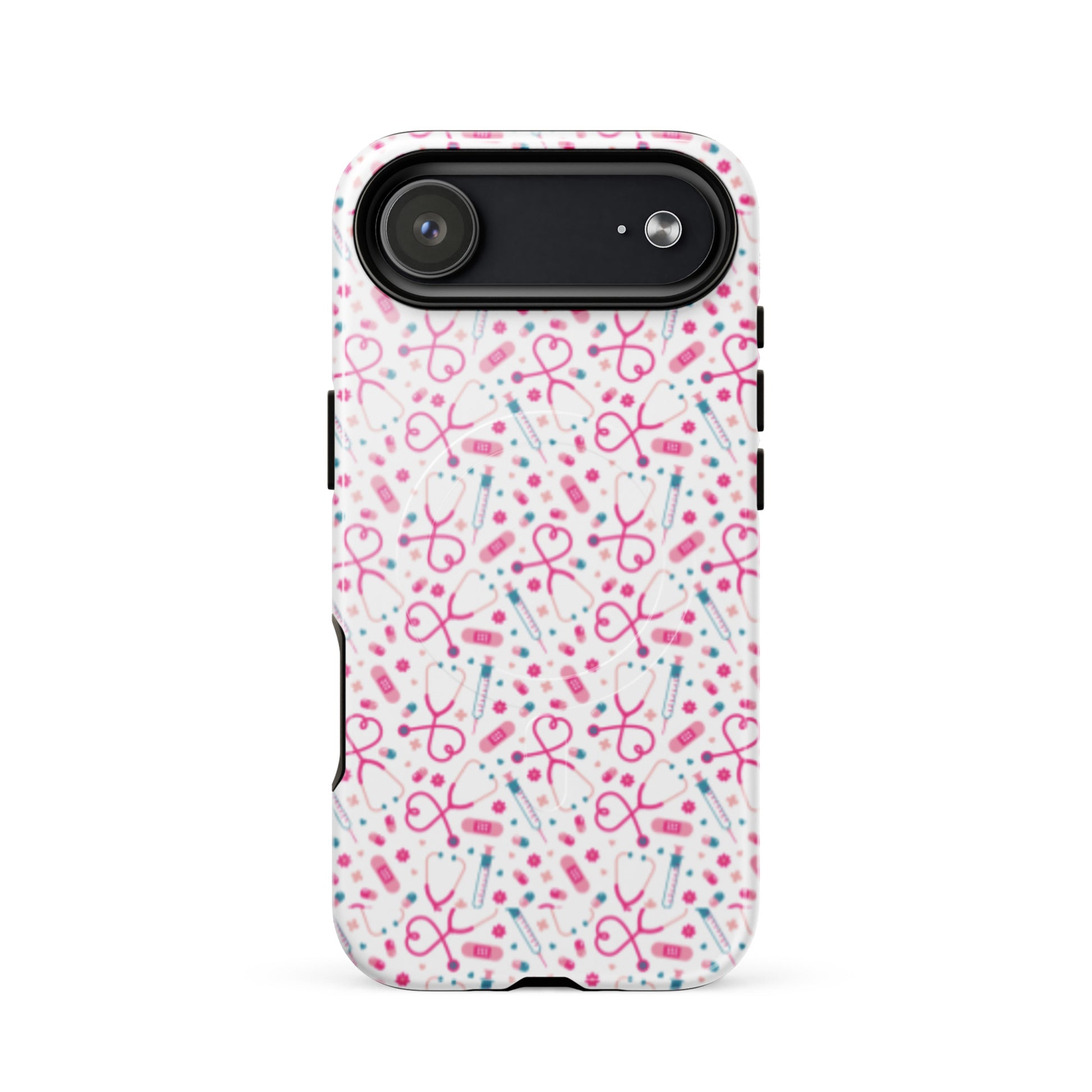 Kawaii Nurse MagSafe Tough iPhone Case by Spinsterly Co, glossy white medical pattern with dual-layer protection