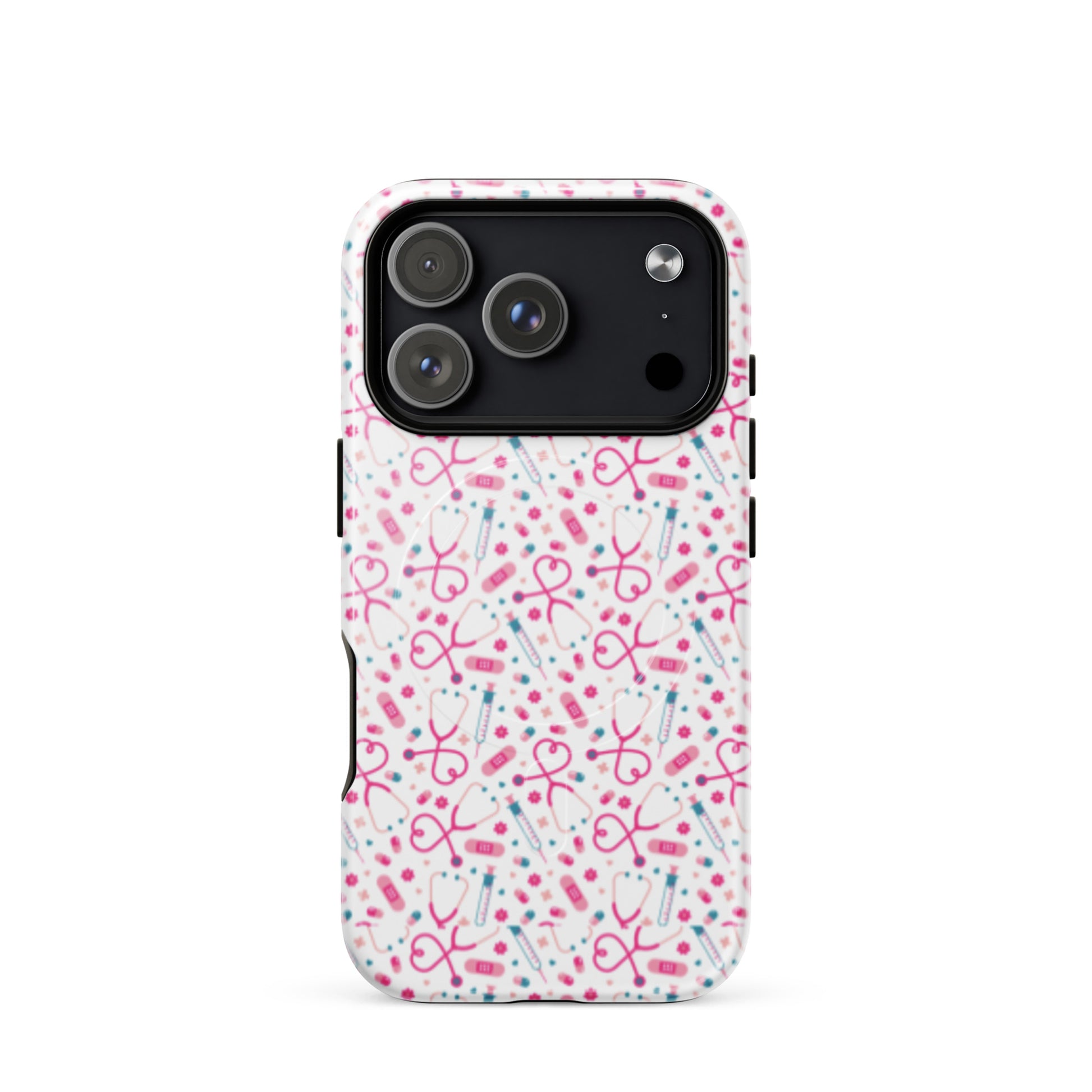 Kawaii Nurse MagSafe Tough iPhone Case by Spinsterly Co, glossy white medical pattern dual-layer protection