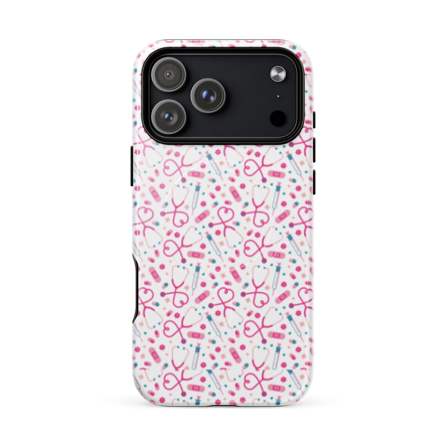 Kawaii Nurse MagSafe Tough iPhone Case by Spinsterly Co, glossy white pattern case with dual-layer MagSafe protection