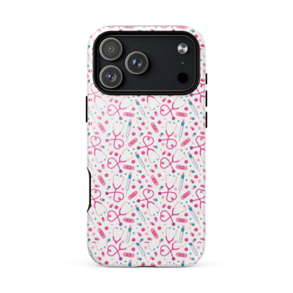 Kawaii Nurse MagSafe Tough iPhone Case by Spinsterly Co, glossy white pattern case with dual-layer MagSafe protection