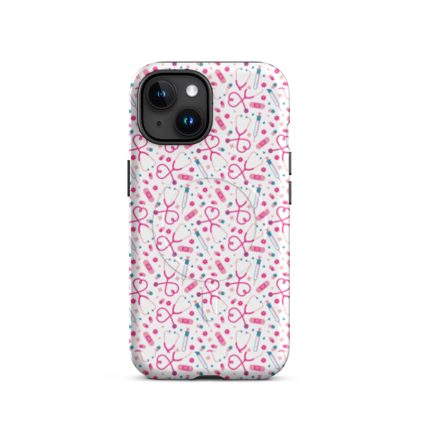 Kawaii Nurse MagSafe Tough iPhone Case by Spinsterly Co in Glossy white with stethoscope pattern