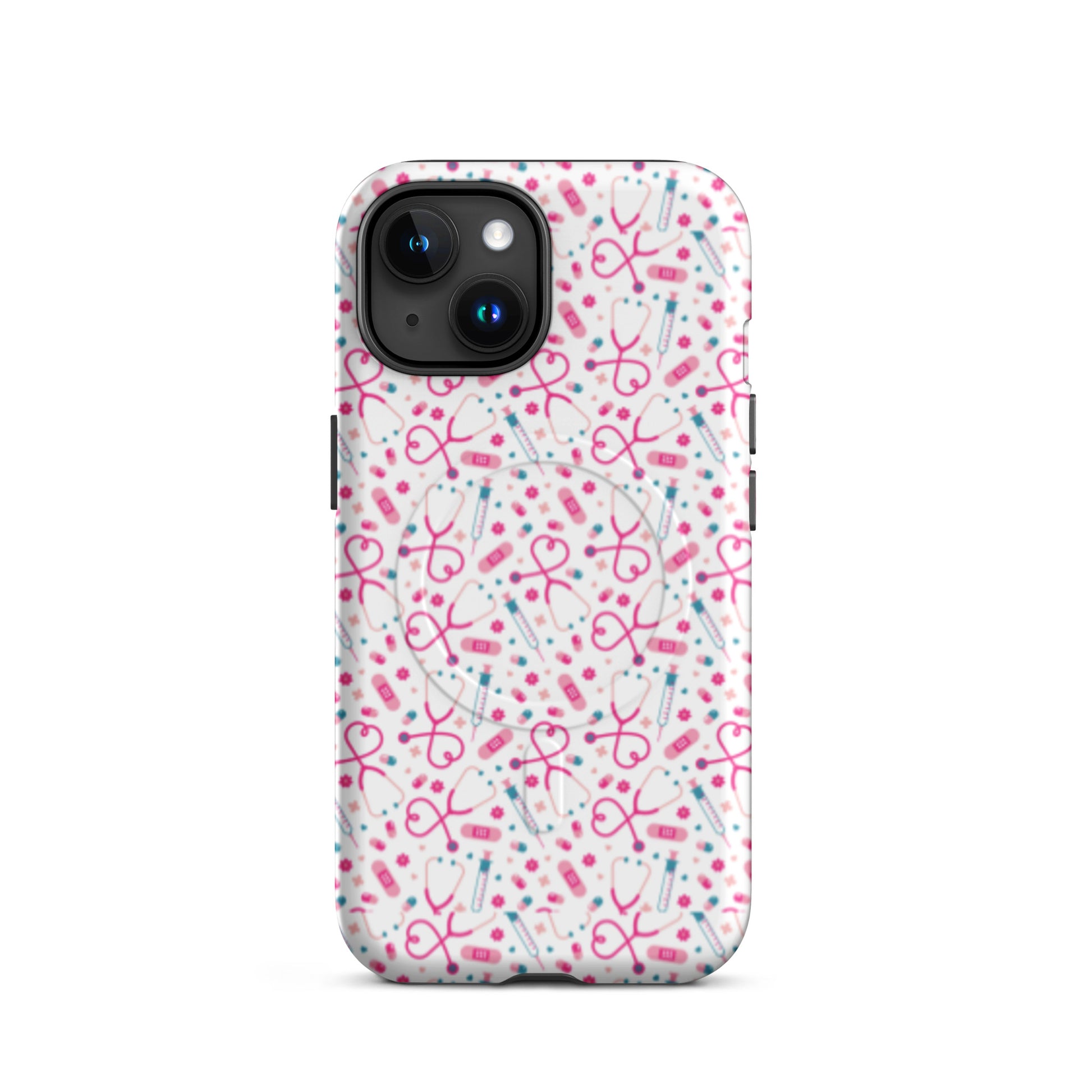 Kawaii Nurse MagSafe Tough iPhone Case by Spinsterly Co in Glossy white with stethoscope pattern