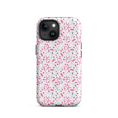 Kawaii Nurse MagSafe Tough iPhone Case by Spinsterly Co in Glossy white with stethoscope pattern