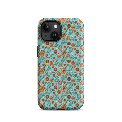 Music-Inspired MagSafe Tough iPhone Case by Spinsterly Co in teal with guitar and lock pattern