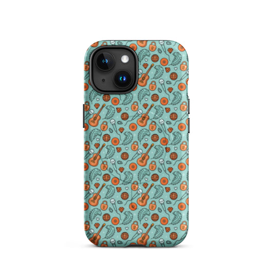 Music-Inspired MagSafe Tough iPhone Case by Spinsterly Co in teal with guitar and lock pattern